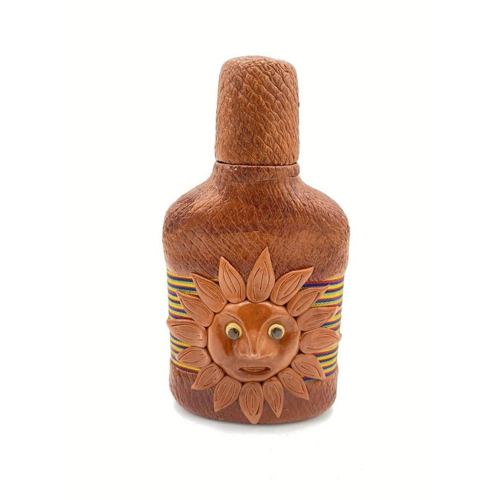 Liquor Bottle Decanter Jug Art Face Handcrafted Leather Look Double sided Sun